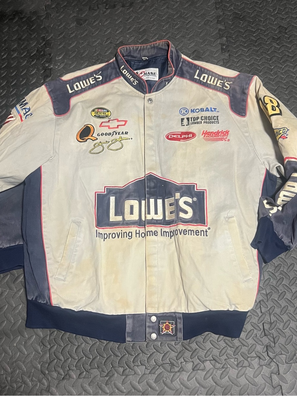 Chase Authentics Lowe's Cream and Navy Racing Bomber Jacket